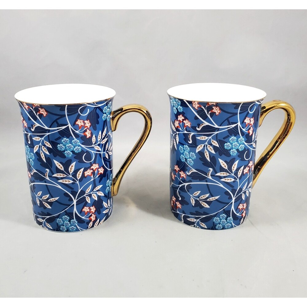 Set of 2 Grace's Teaware Blue Morris Mug Floral Vines Gold Rim & Handle 4in